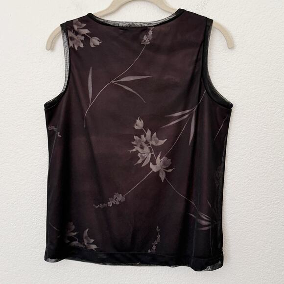 [Vintage] 90s Y2K Brown Black Mesh Crew Neck Floral Print Tank Top Size Small S - Picture 2 of 11